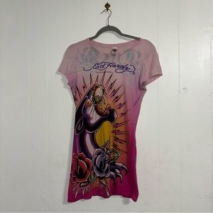 Vintage Y2K Ed Hardy Short Sleeve T Shirt L Longline Tunic Rose Floral Panther